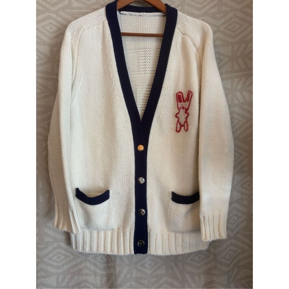 Vintage Style Cream Cardigan with Navy Trim and‎ Rabbit Applique
